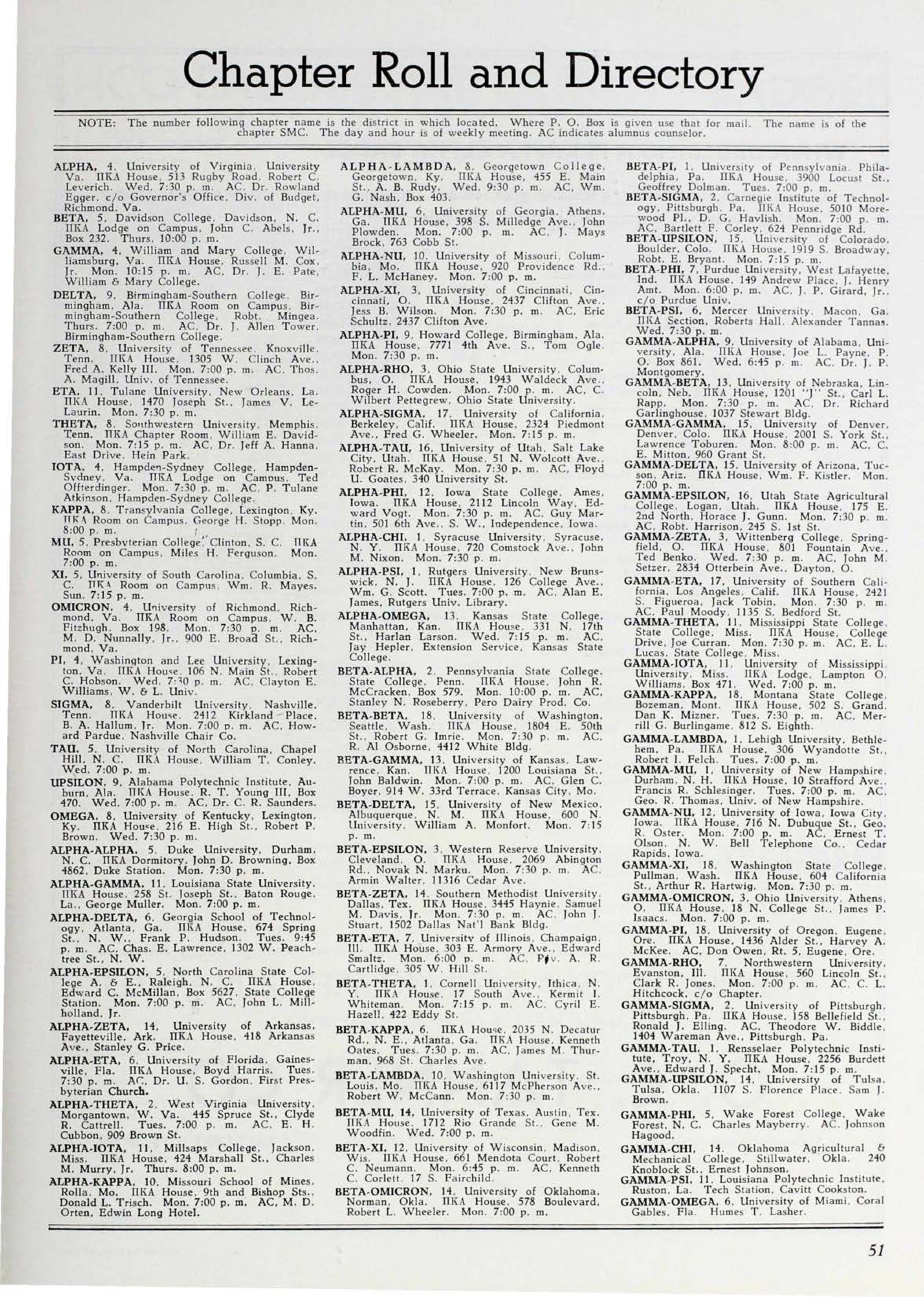 Chapter Roll And Directory, September 1940